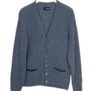Vtg Wool Leather Cardigan Sweater Cable Knit Men Medium Gray Kurt Cobain Puritan